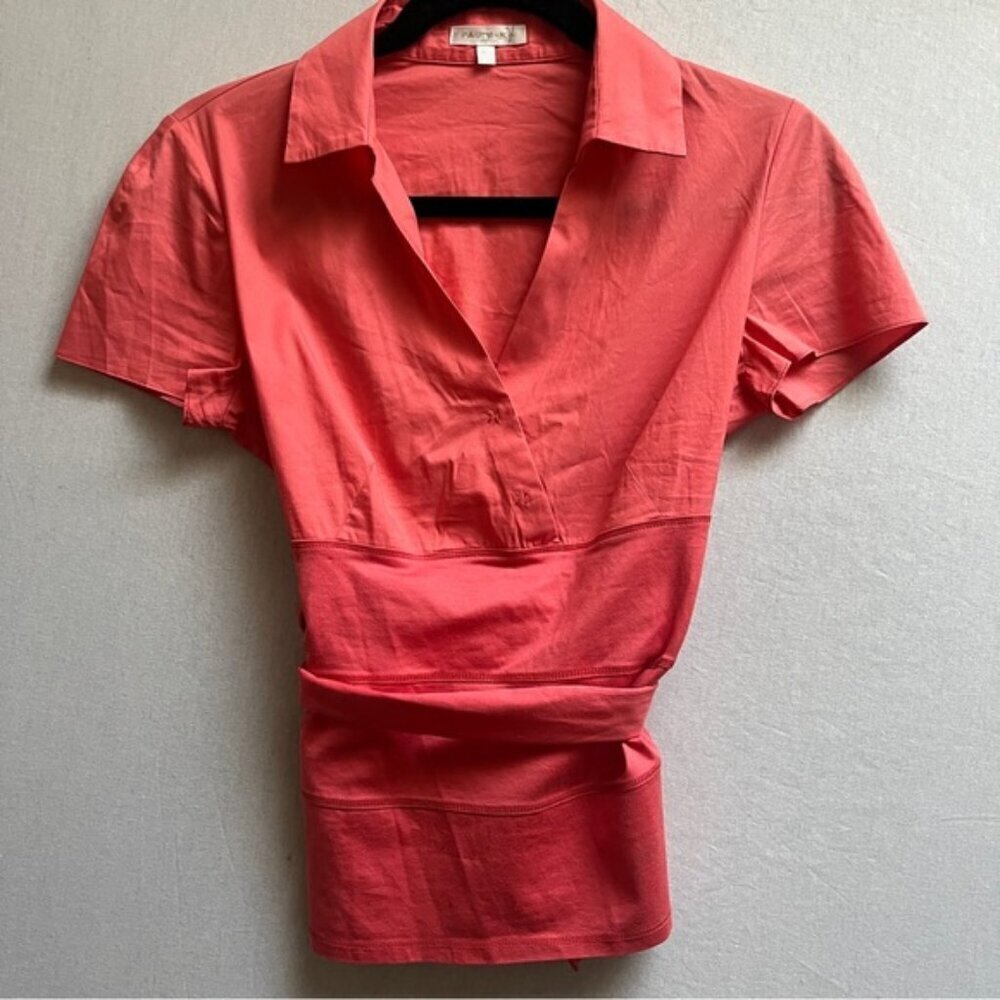 Paule Ka Coral Collared Belted Wrap Blouse Short Sleeve Cotton Sz S